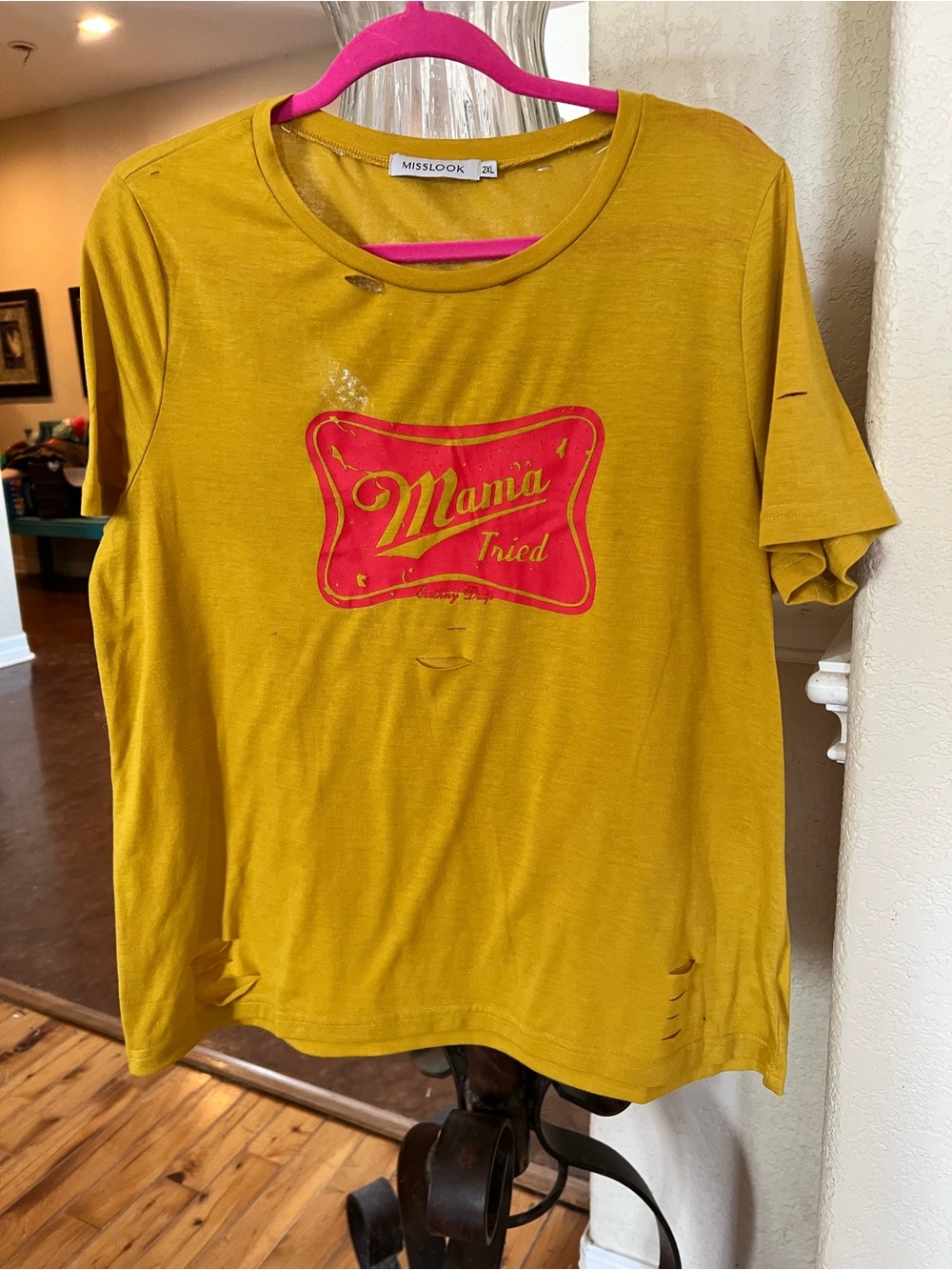 MISSLOOK Mustard Short-Sleeve Tee with Pink 'Mama Tried' Graphic